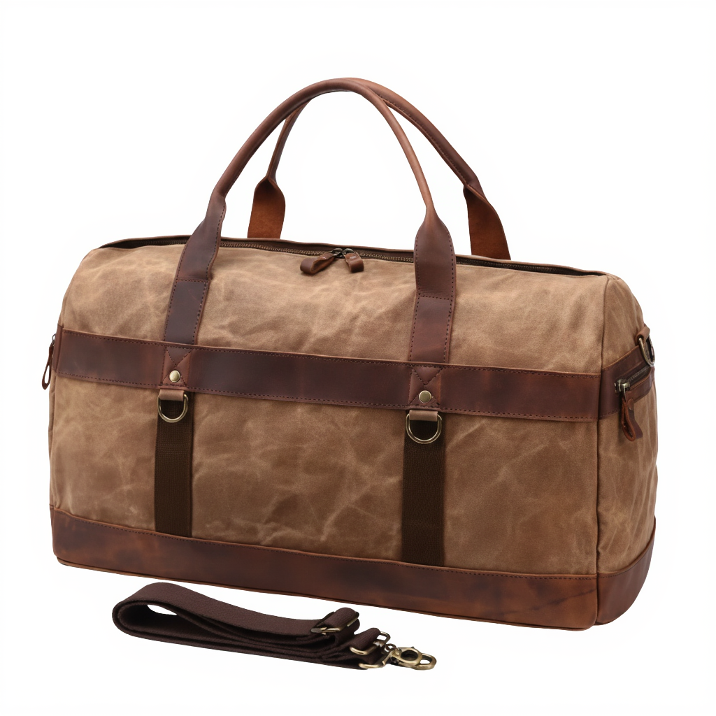 Sac de Voyage Vintage en Toile Cirée et Cuir Vachette - 43L - Style Rétro