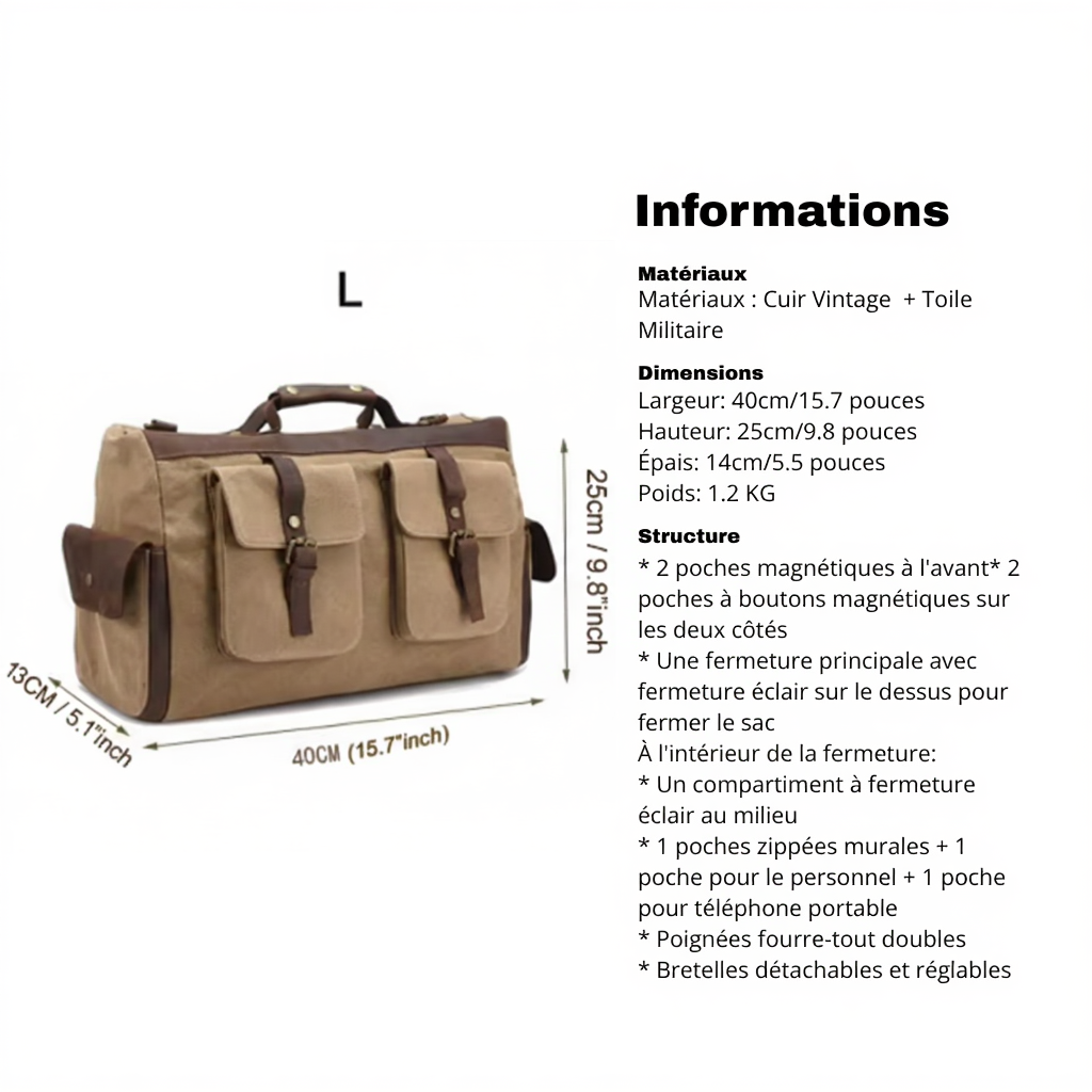 Sac de Voyage Vintage en Toile et Cuir Véritable - Sac Week-end (13L / 18L) - Sac Duffle Bag Rétro Canvas & Cuir