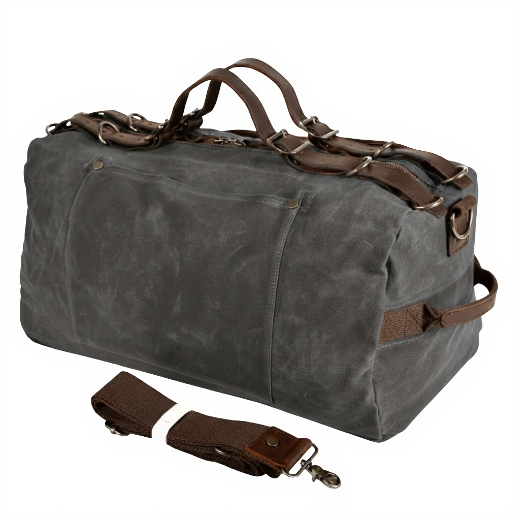 Sac de Voyage Cylindrique en Toile et Cuir Vachette - Duffle Bag Vintage 31L