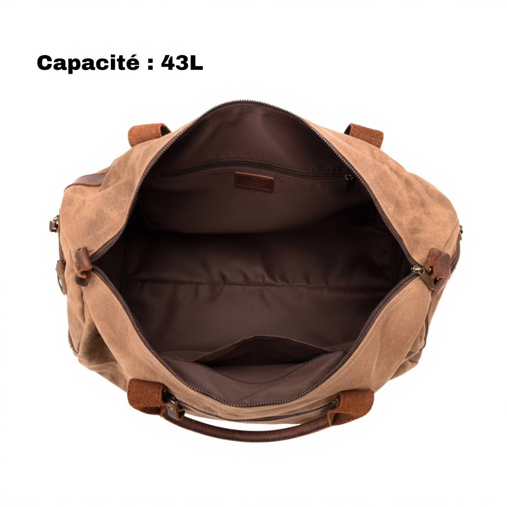 Sac de Voyage Vintage en Toile Cirée et Cuir Vachette - 43L - Style Rétro