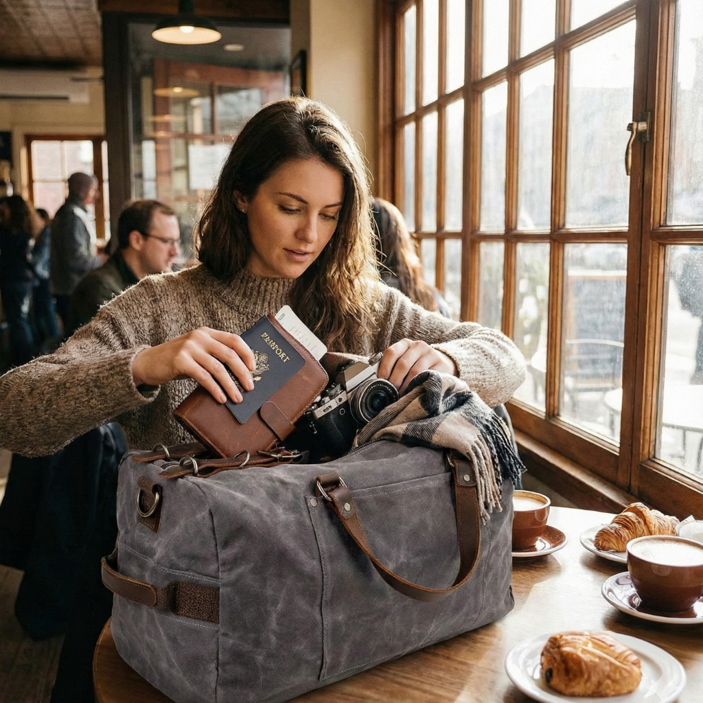 Sac de Voyage Cylindrique en Toile et Cuir Vachette - Duffle Bag Vintage 31L