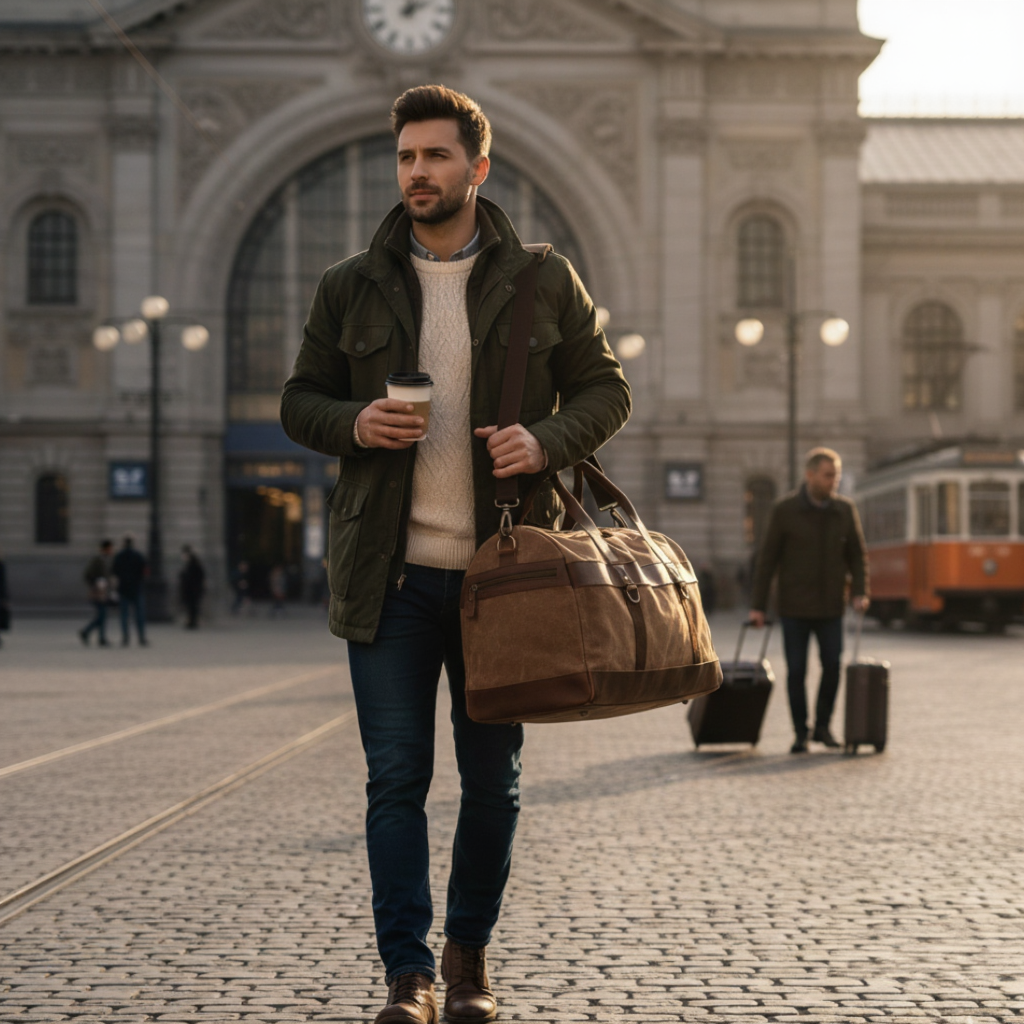 Sac de Voyage Vintage en Toile Cirée et Cuir Vachette - 43L - Style Rétro
