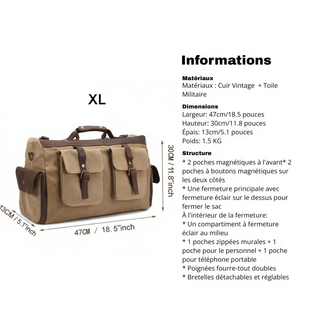 Sac de Voyage Vintage en Toile et Cuir Véritable - Sac Week-end (13L / 18L) - Sac Duffle Bag Rétro Canvas & Cuir
