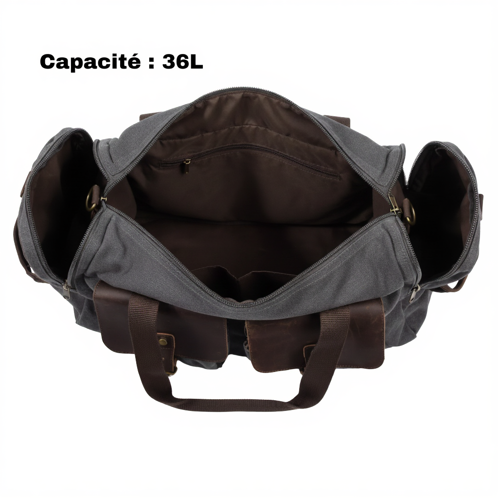 Sac de Voyage Rétro en Toile Épaisse et Cuir - 36L - Format 53cm (Cabine)