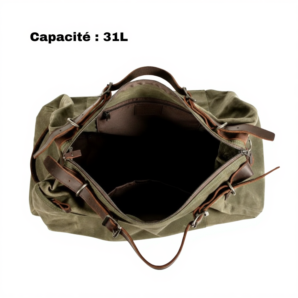 Sac de Voyage Cylindrique en Toile et Cuir Vachette - Duffle Bag Vintage 31L