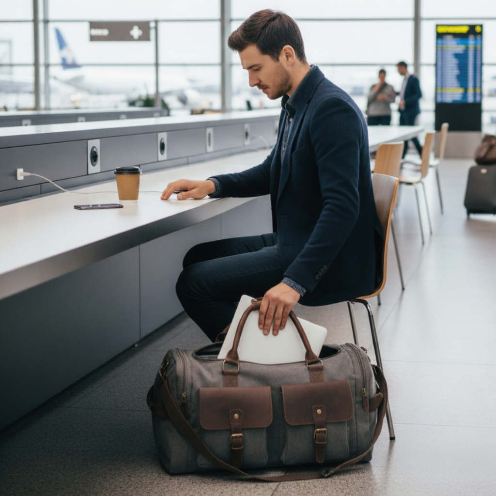 Sac de Voyage Rétro en Toile Épaisse et Cuir - 36L - Format 53cm (Cabine)