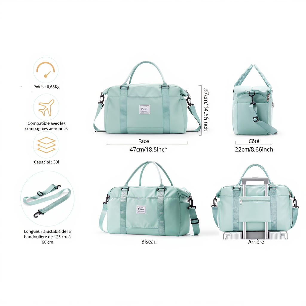 Sac Week-end Cabine en nylon 30L - Bagage à Main Léger avec Sangle Trolley - Déperlant