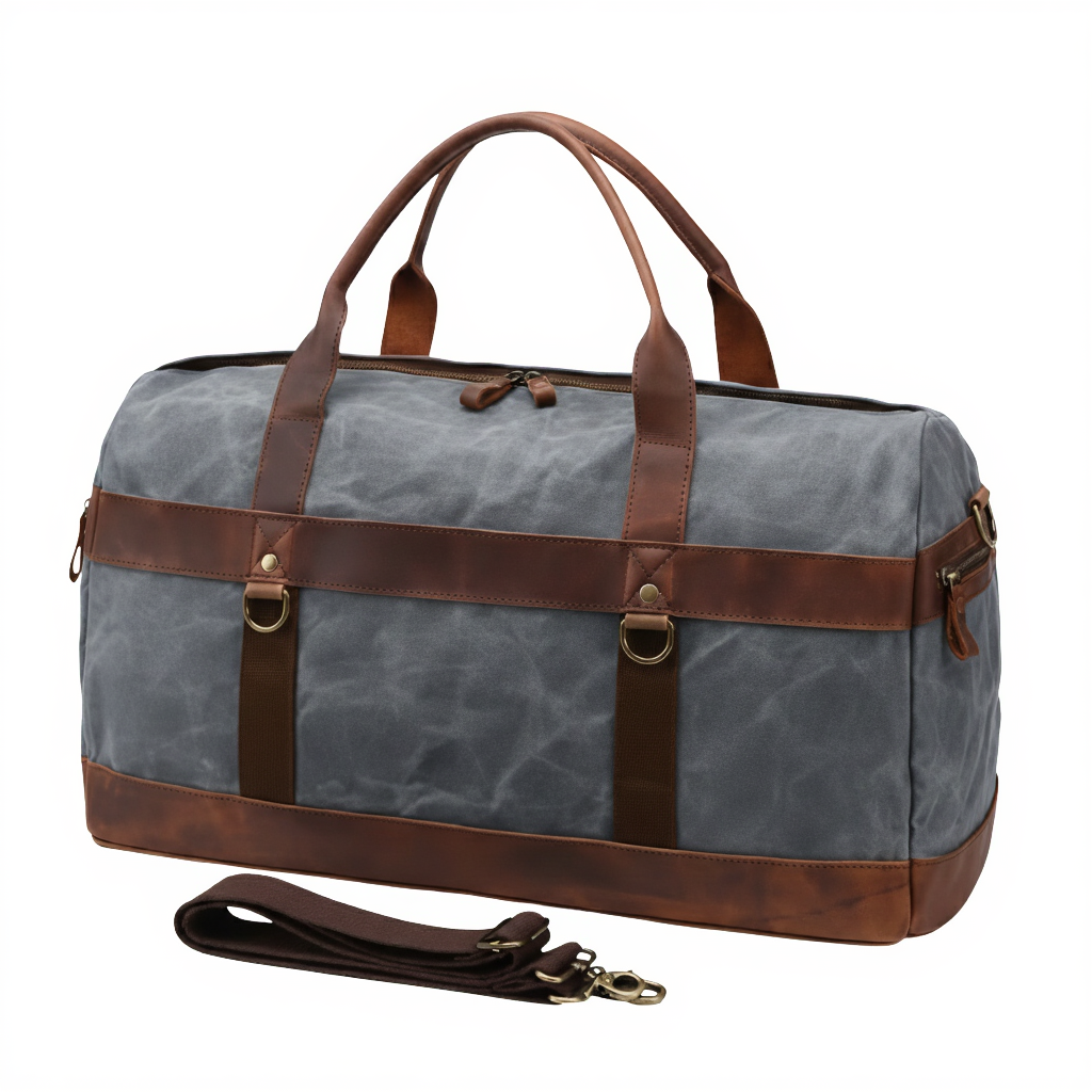 Sac de Voyage Vintage en Toile Cirée et Cuir Vachette - 43L - Style Rétro