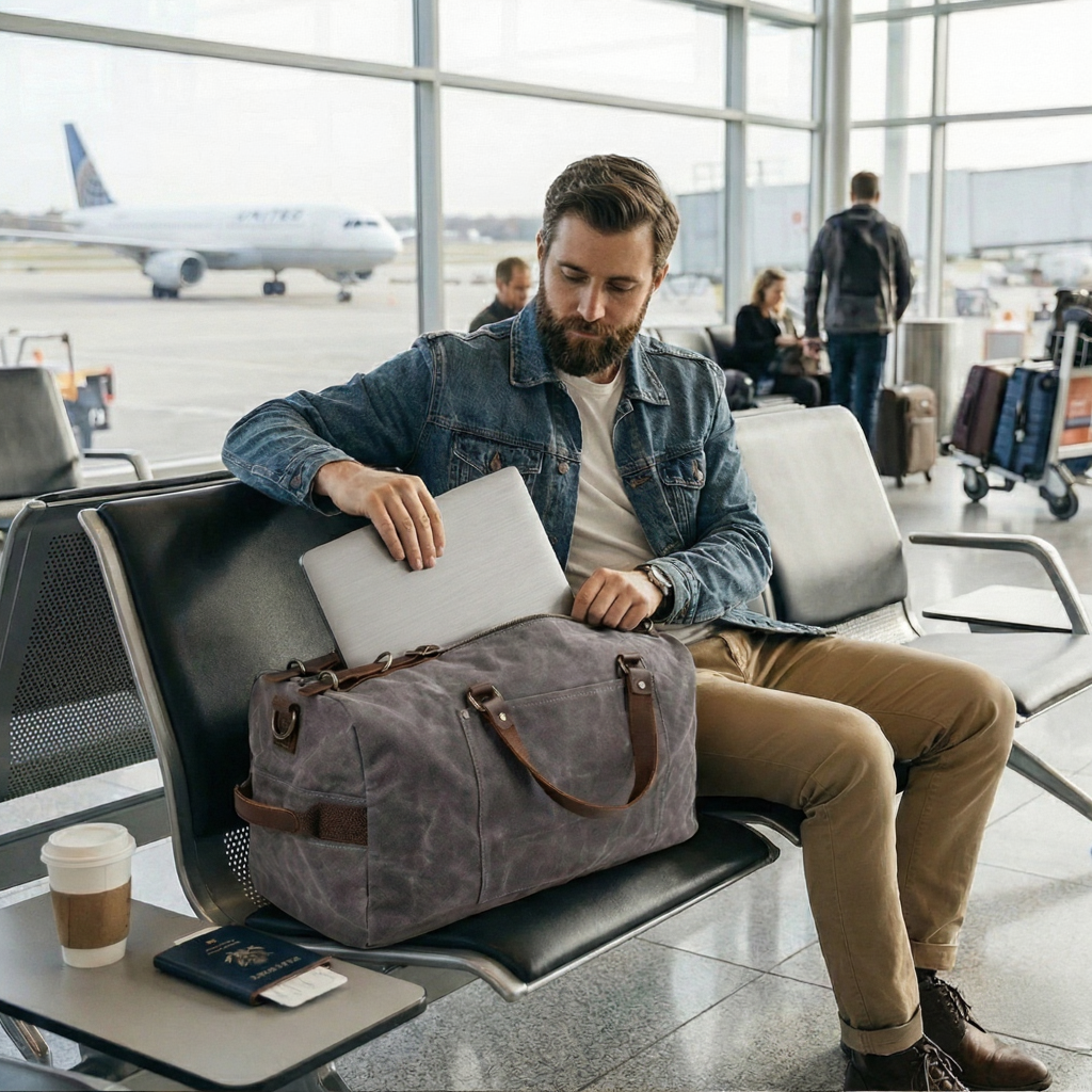 Sac de Voyage Cylindrique en Toile et Cuir Vachette - Duffle Bag Vintage 31L