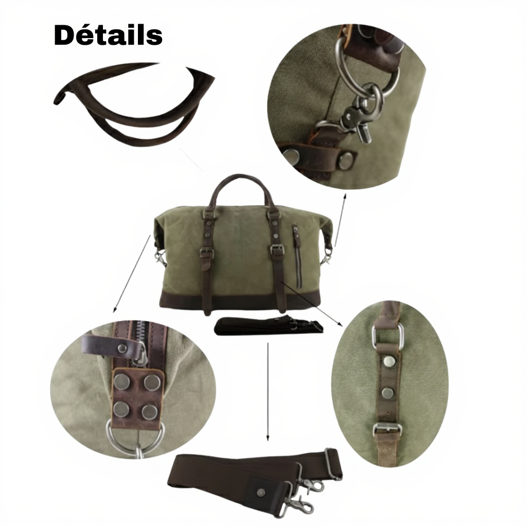 Sac de Voyage Style Militaire - Toile Canvas Épaisse & Cuir Véritable - 31L