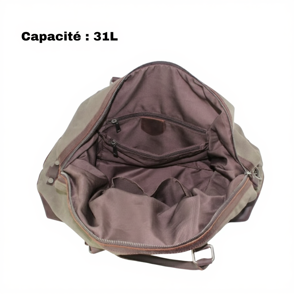 Sac de Voyage Style Militaire - Toile Canvas Épaisse & Cuir Véritable - 31L