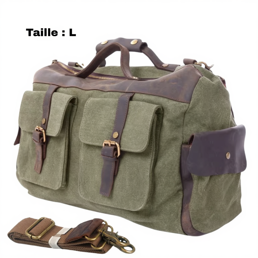 Sac de Voyage Vintage en Toile et Cuir Véritable - Sac Week-end (13L / 18L) - Sac Duffle Bag Rétro Canvas & Cuir
