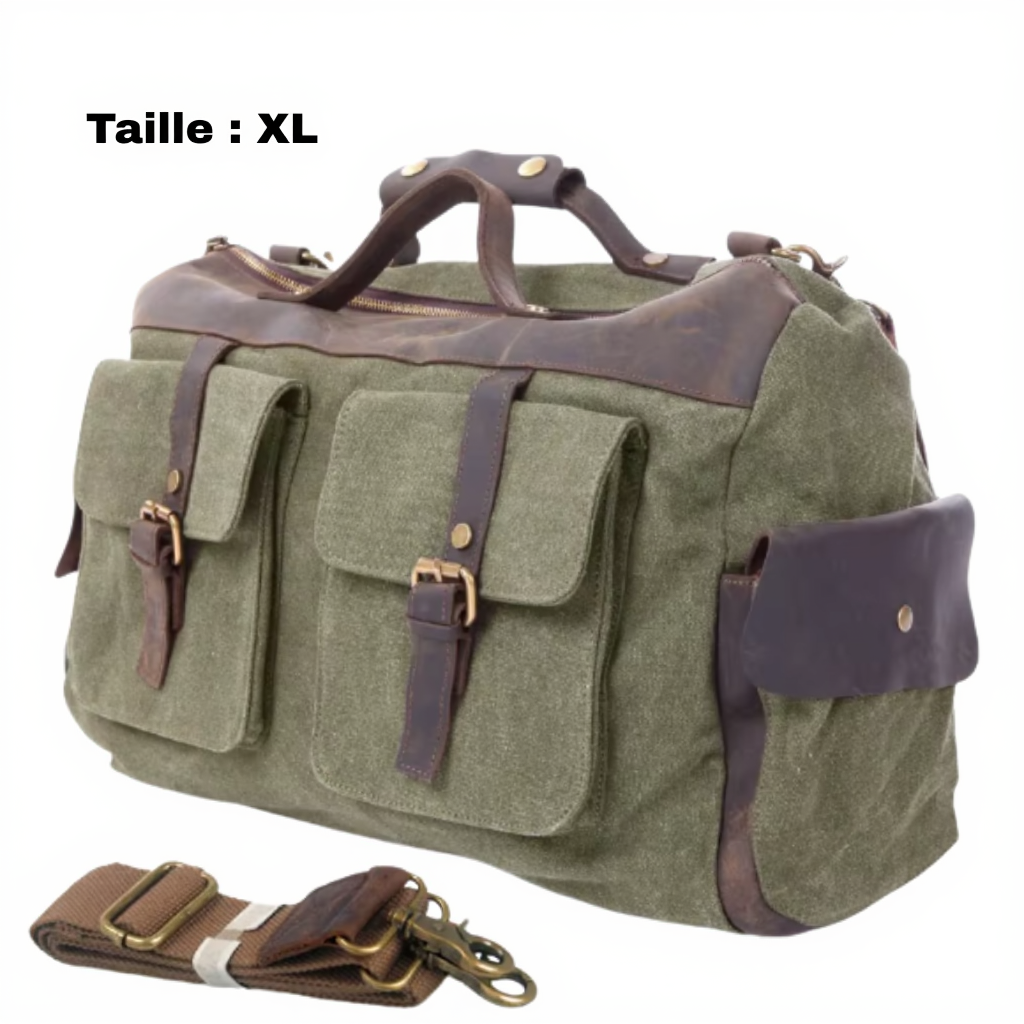 Sac de Voyage Vintage en Toile et Cuir Véritable - Sac Week-end (13L / 18L) - Sac Duffle Bag Rétro Canvas & Cuir