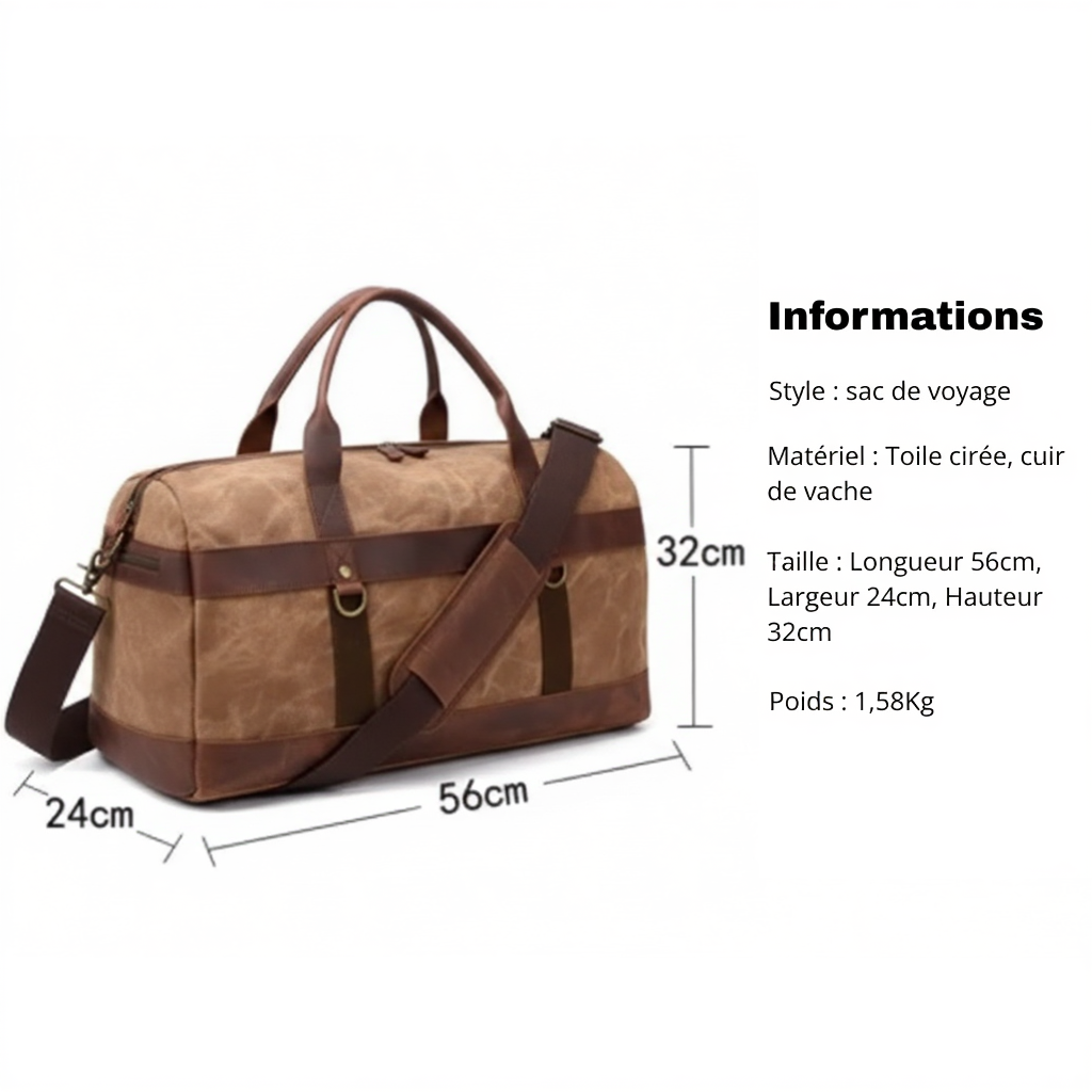 Sac de Voyage Vintage en Toile Cirée et Cuir Vachette - 43L - Style Rétro