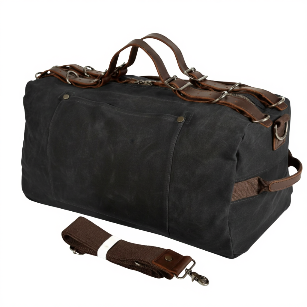 Sac de Voyage Cylindrique en Toile et Cuir Vachette - Duffle Bag Vintage 31L