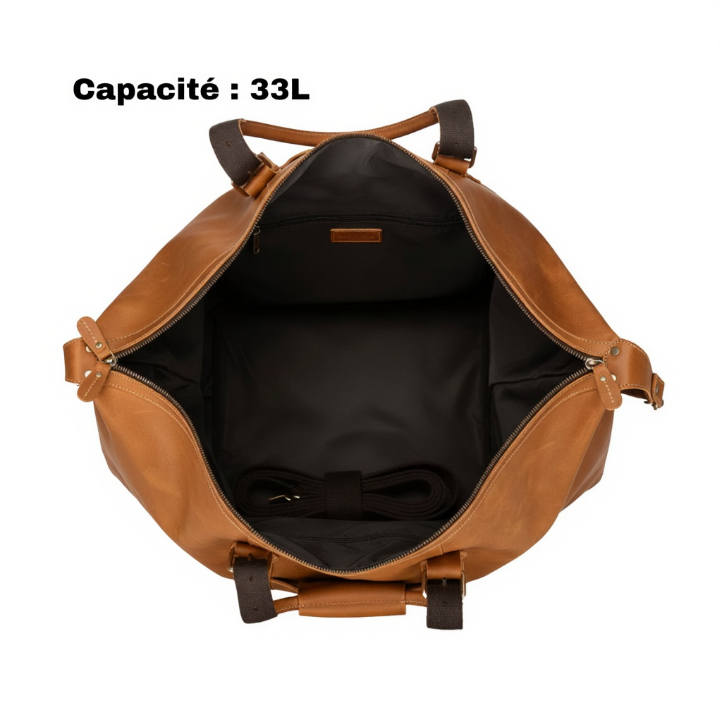 Sac de Voyage Cylindrique en Cuir Véritable - Duffle Bag Vintage 33L - Marron