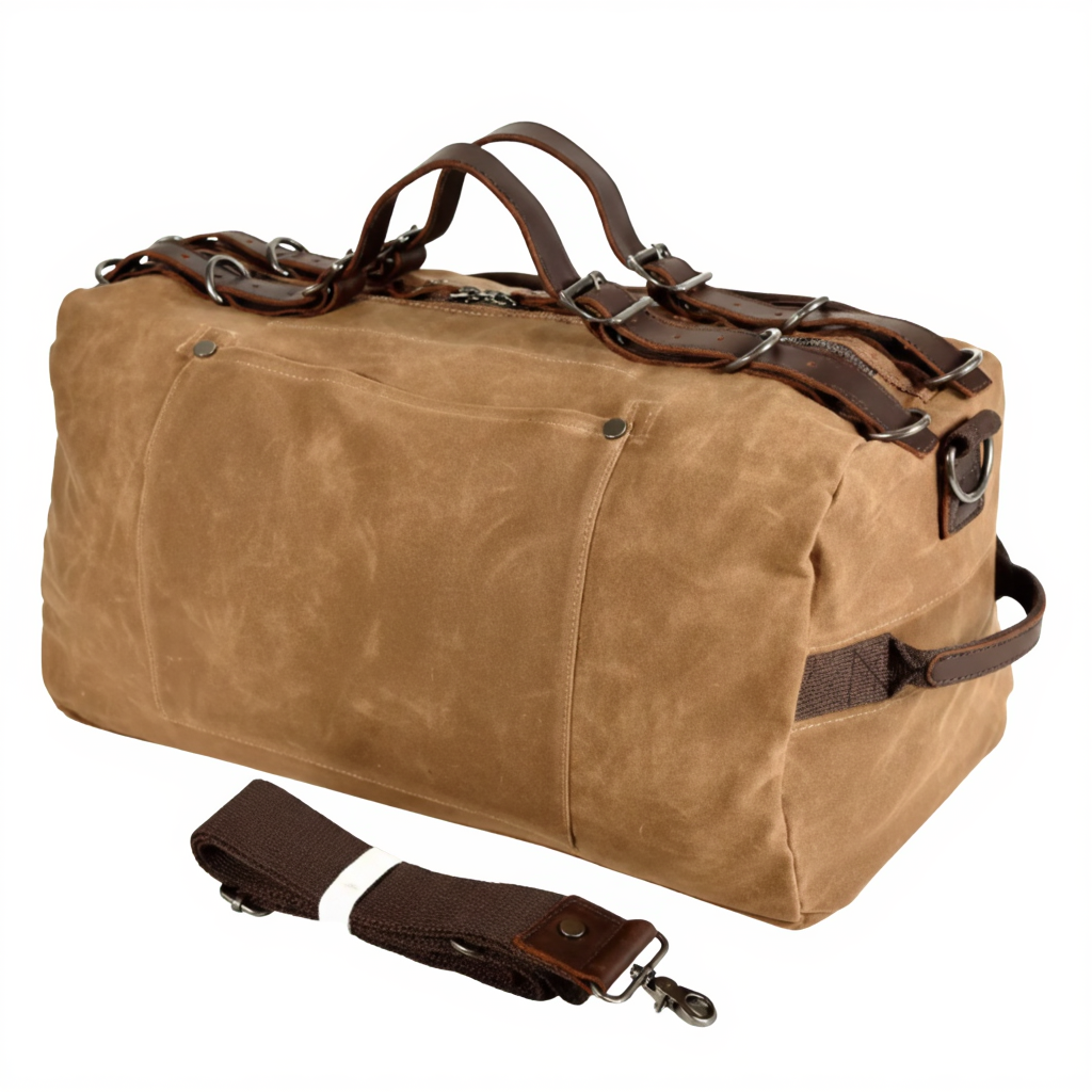 Sac de Voyage Cylindrique en Toile et Cuir Vachette - Duffle Bag Vintage 31L