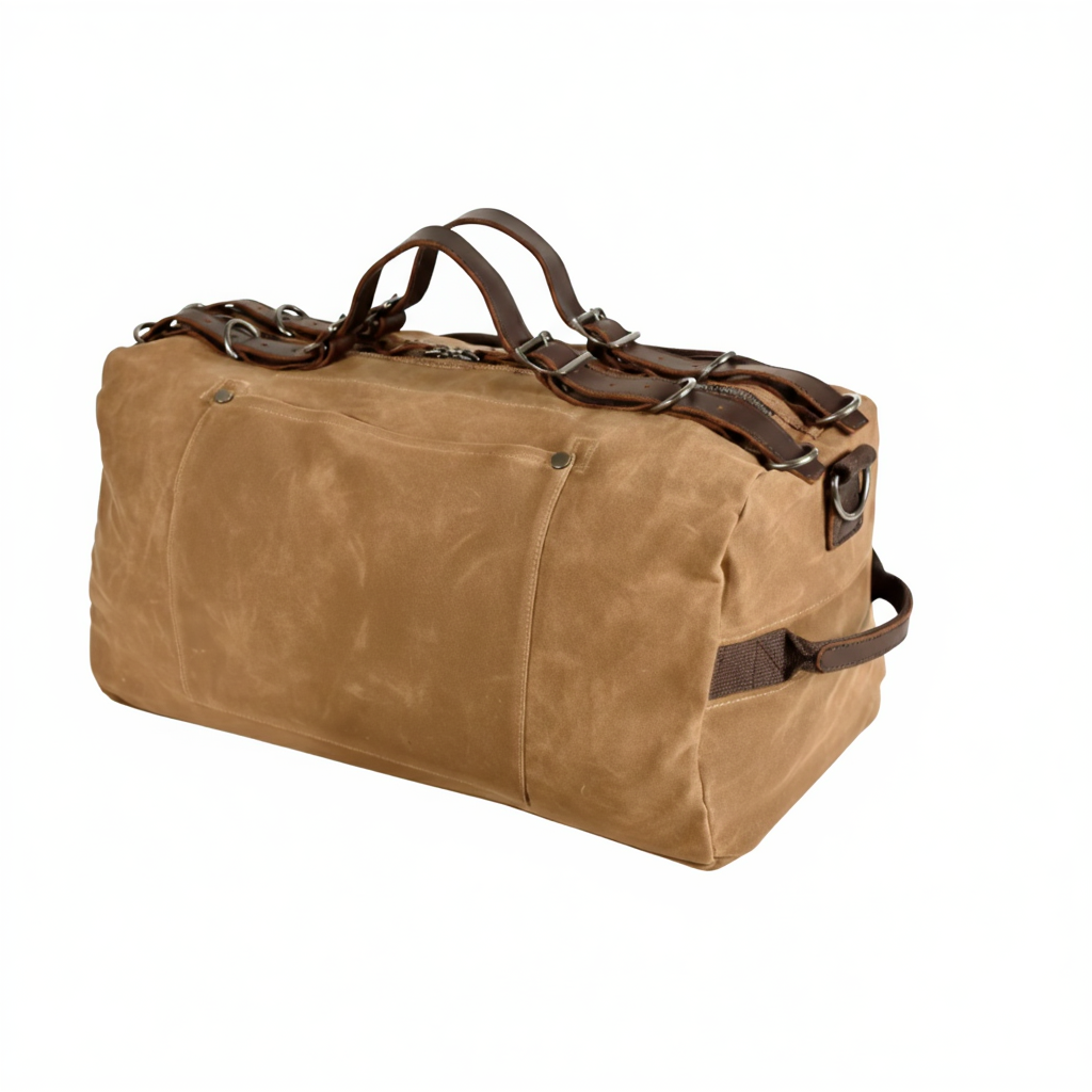 Sac de Voyage Cylindrique en Toile et Cuir Vachette - Duffle Bag Vintage 31L