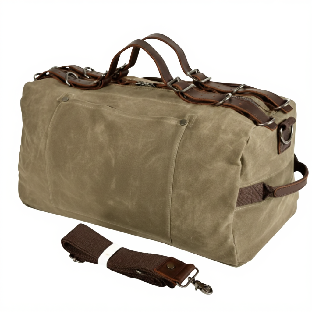 Sac de Voyage Cylindrique en Toile et Cuir Vachette - Duffle Bag Vintage 31L
