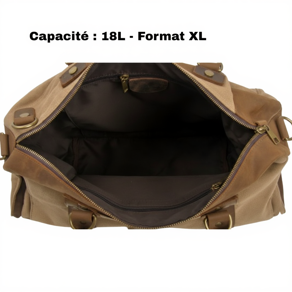 Sac de Voyage Vintage en Toile et Cuir Véritable - Sac Week-end (13L / 18L) - Sac Duffle Bag Rétro Canvas & Cuir