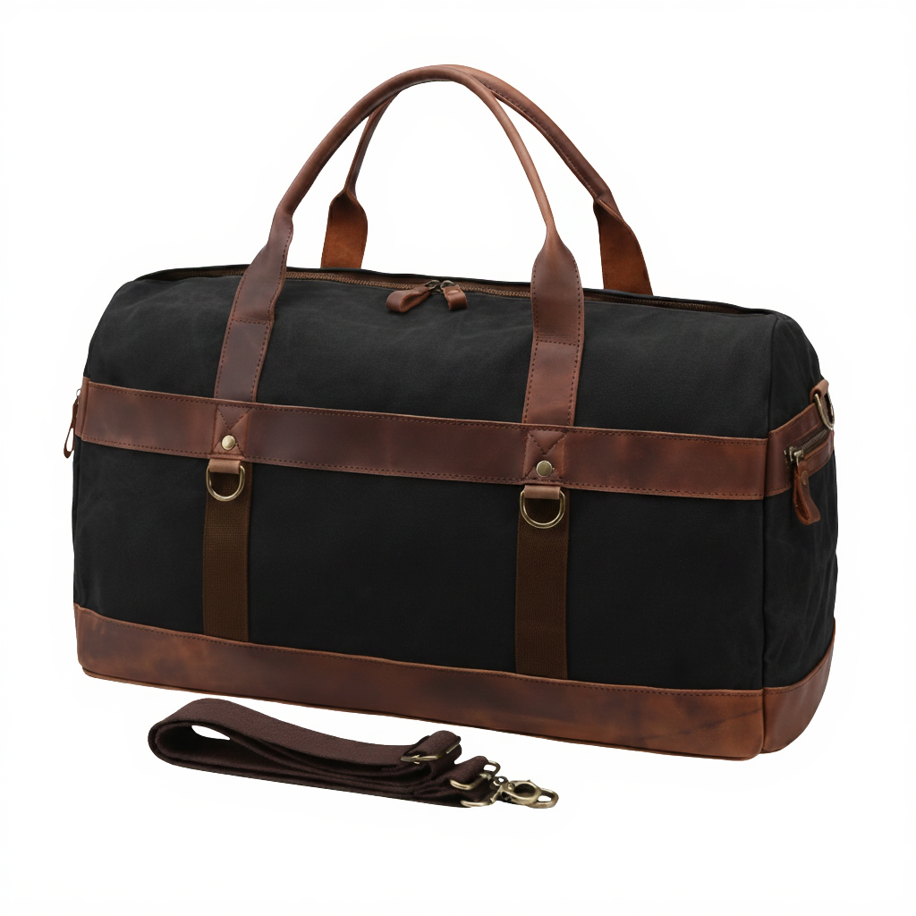 Sac de Voyage Vintage en Toile Cirée et Cuir Vachette - 43L - Style Rétro