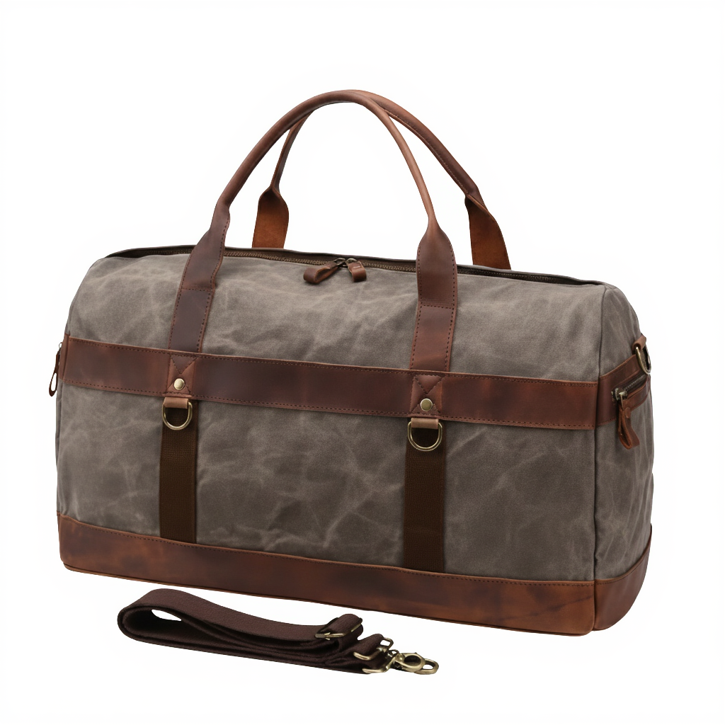 Sac de Voyage Vintage en Toile Cirée et Cuir Vachette - 43L - Style Rétro